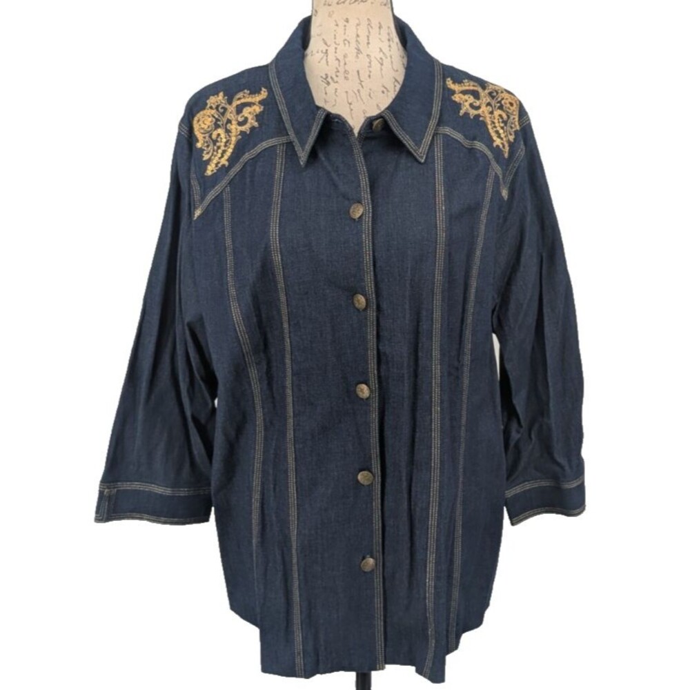 Susan Graver Western Blouse SIZE XL Navy-Gold Embroidery/Stitching-Cotton-Great